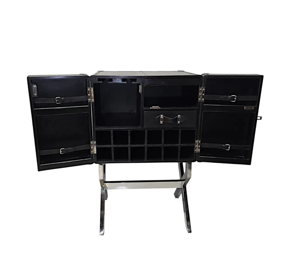 A Fabulous Art Deco Style Black Leather and Chrome Drinks Cabinet Bar 