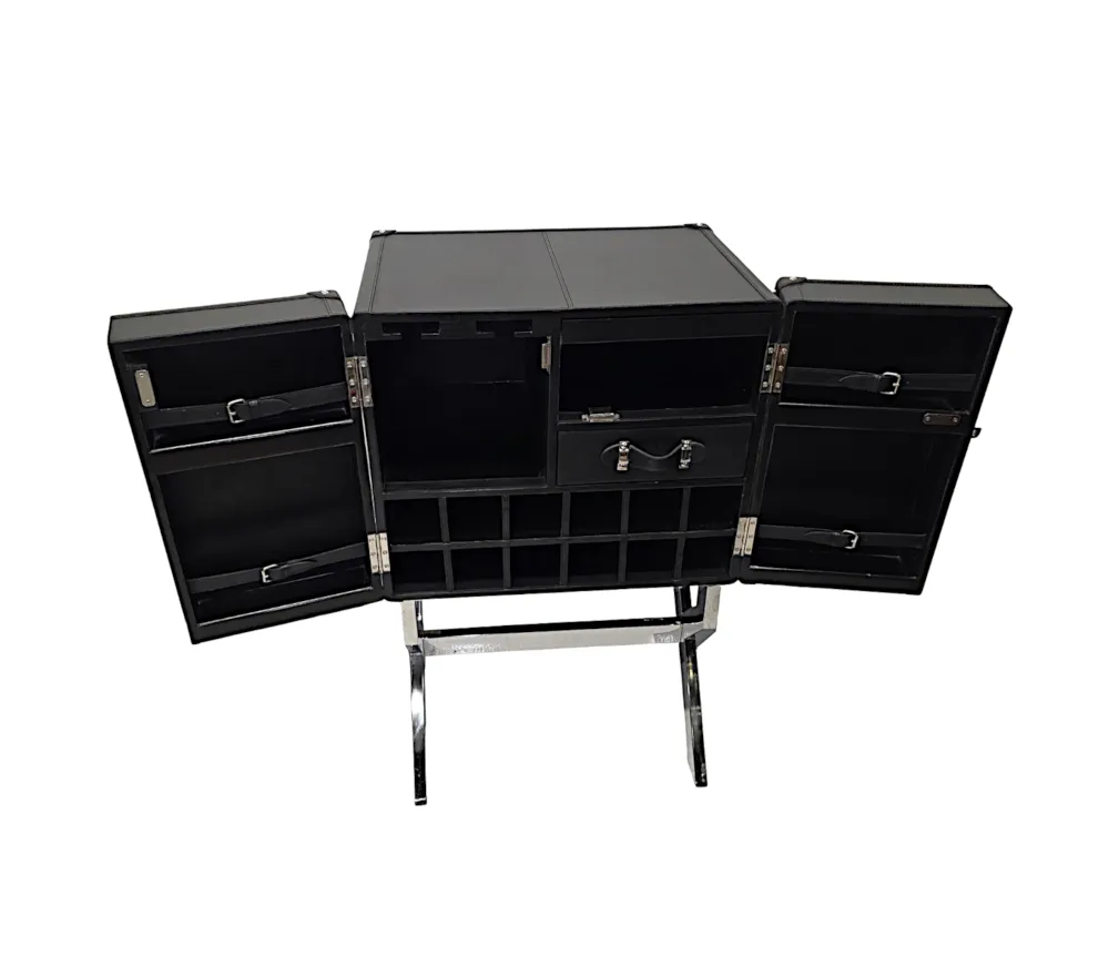 A Fabulous Art Deco Style Black Leather and Chrome Drinks Cabinet Bar 