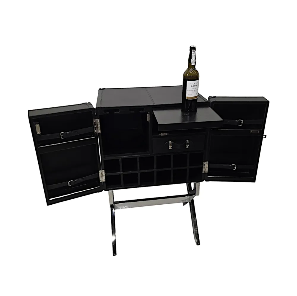 A Fabulous Art Deco Style Black Leather and Chrome Drinks Cabinet Bar 