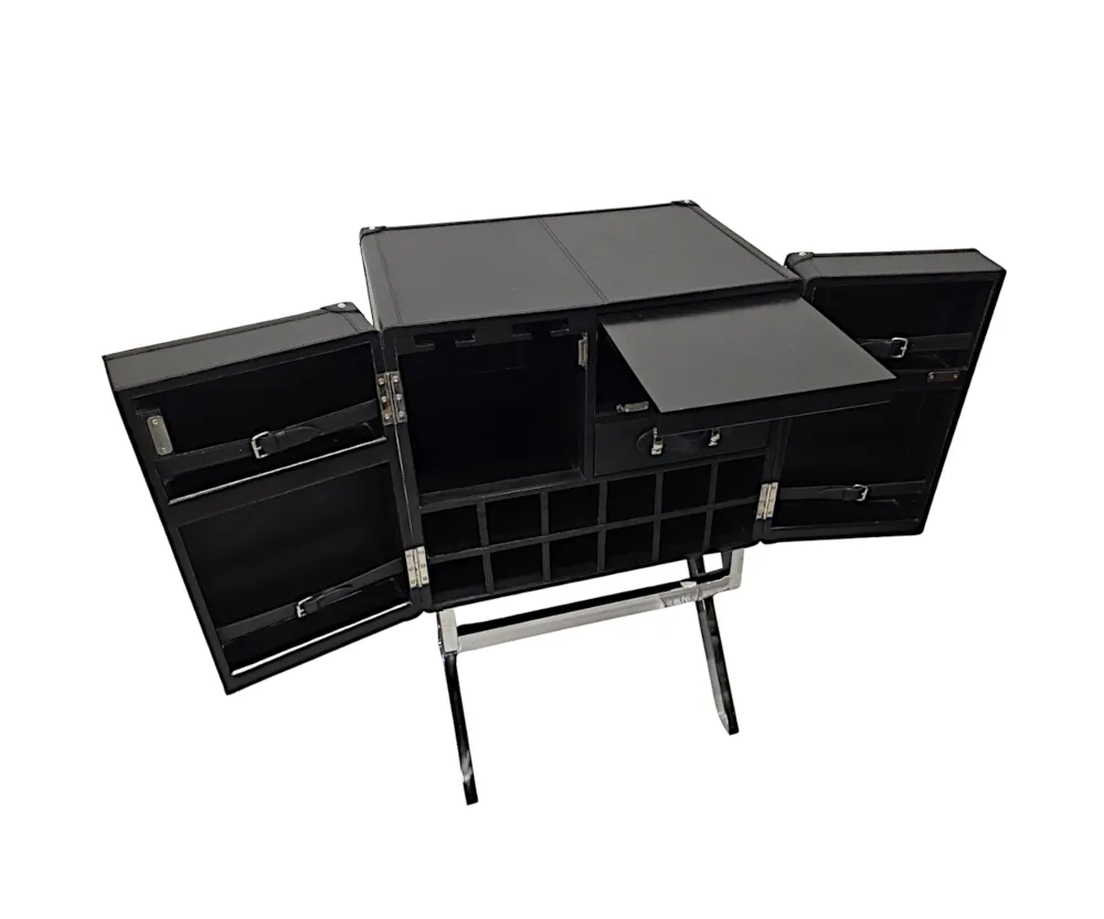 A Fabulous Art Deco Style Black Leather and Chrome Drinks Cabinet Bar 