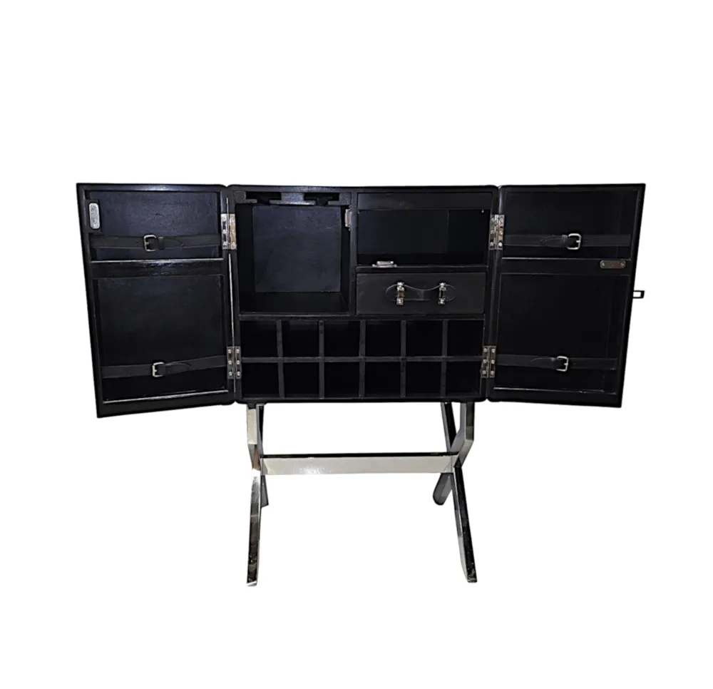 A Fabulous Art Deco Style Black Leather and Chrome Drinks Cabinet Bar 