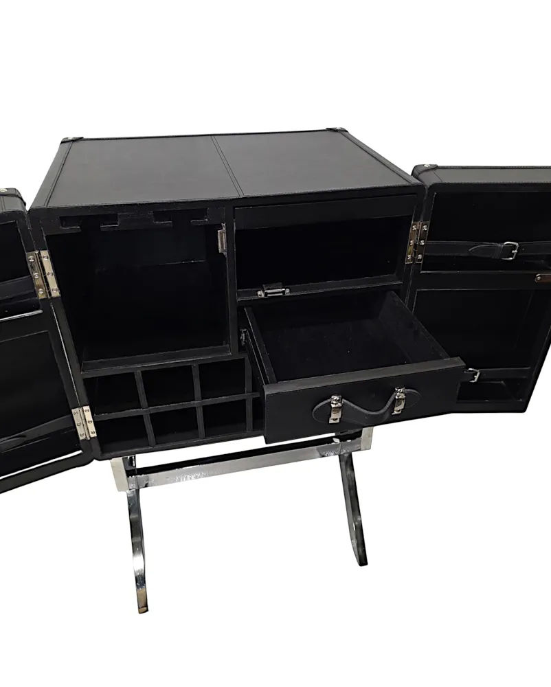 A Fabulous Art Deco Style Black Leather and Chrome Drinks Cabinet Bar 