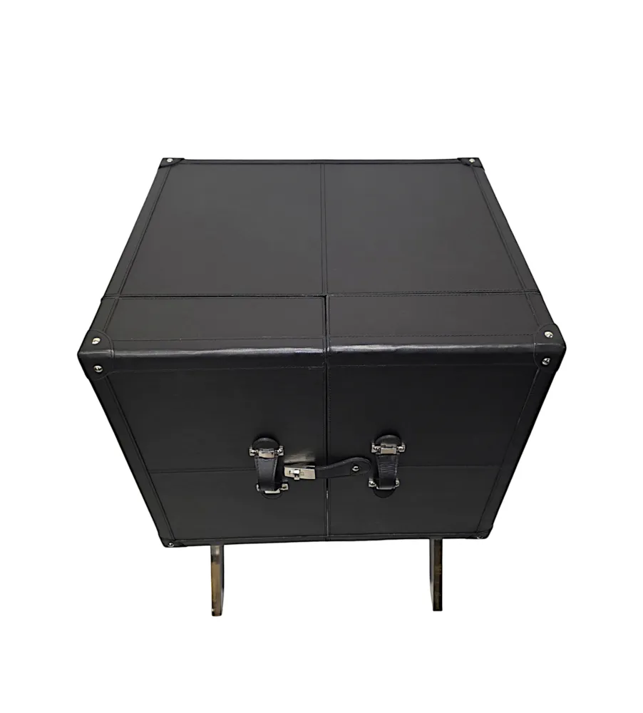 A Fabulous Art Deco Style Black Leather and Chrome Drinks Cabinet Bar 