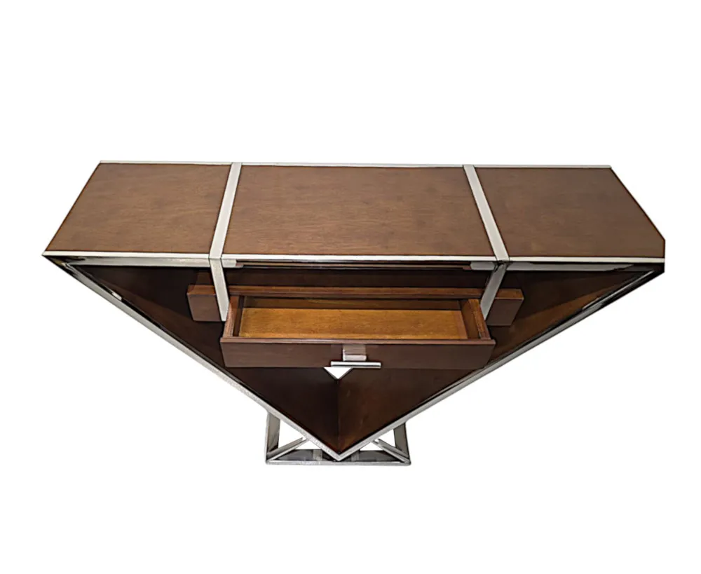 A Fabulous Art Deco Design Triangular Walnut and Chrome Console Table