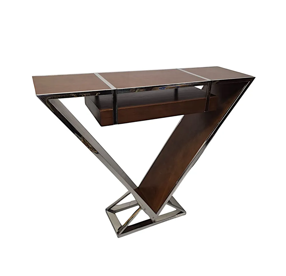 A Fabulous Art Deco Design Triangular Walnut and Chrome Console Table