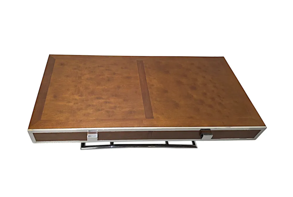 A Gorgeous Mid Century Design Chrome and Walnut Coffee Table with Four Drawers