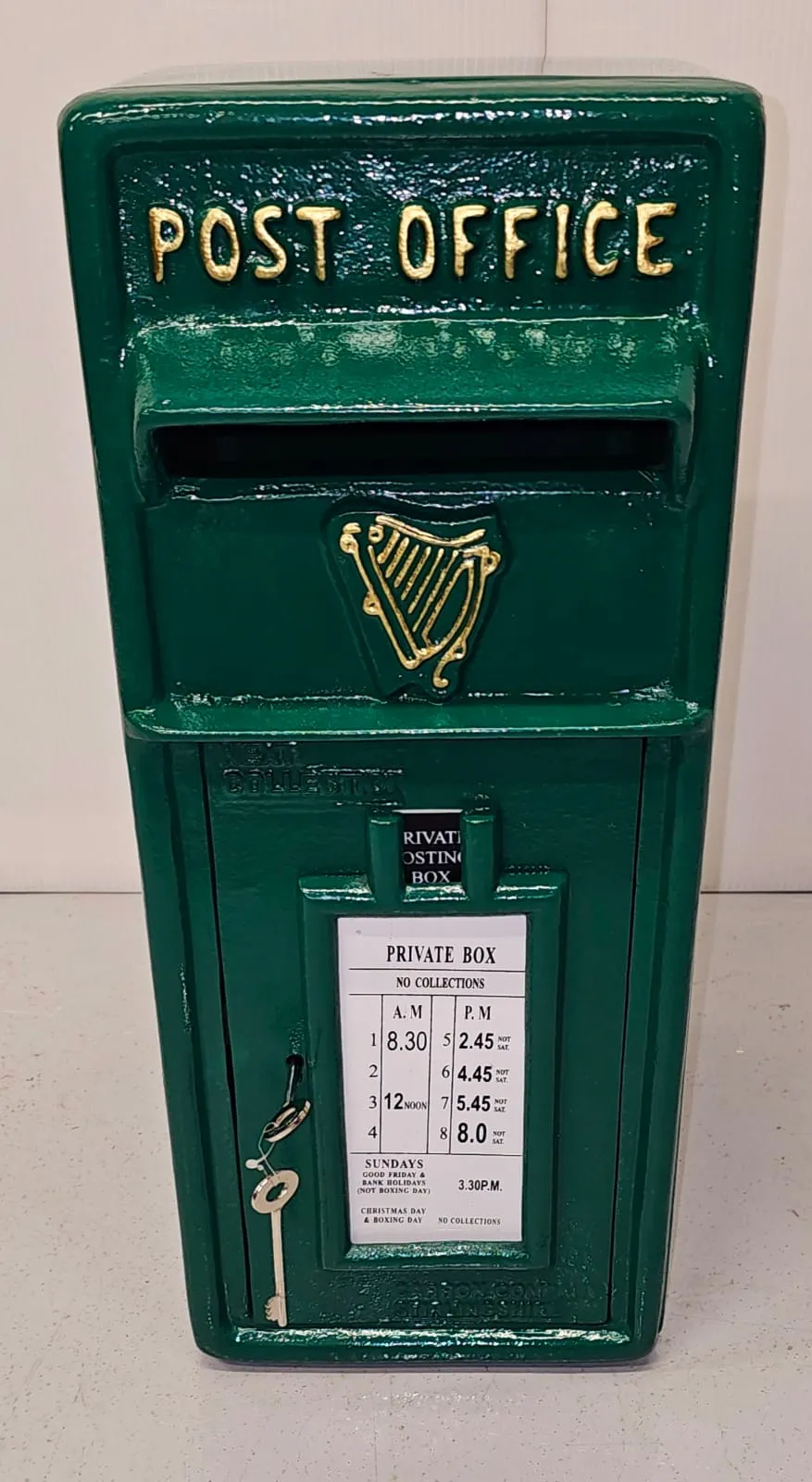 New Metal Irish Post Box in Green with Harp design
