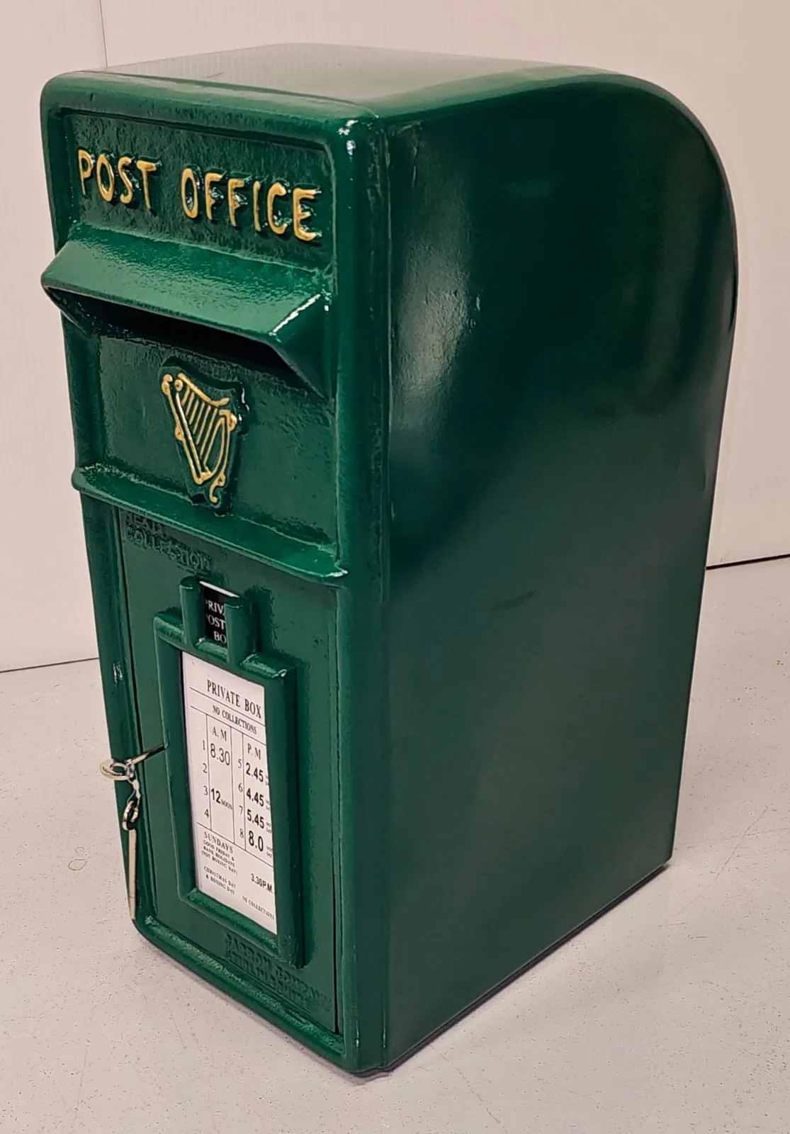 New Metal Irish Post Box in Green with Harp design