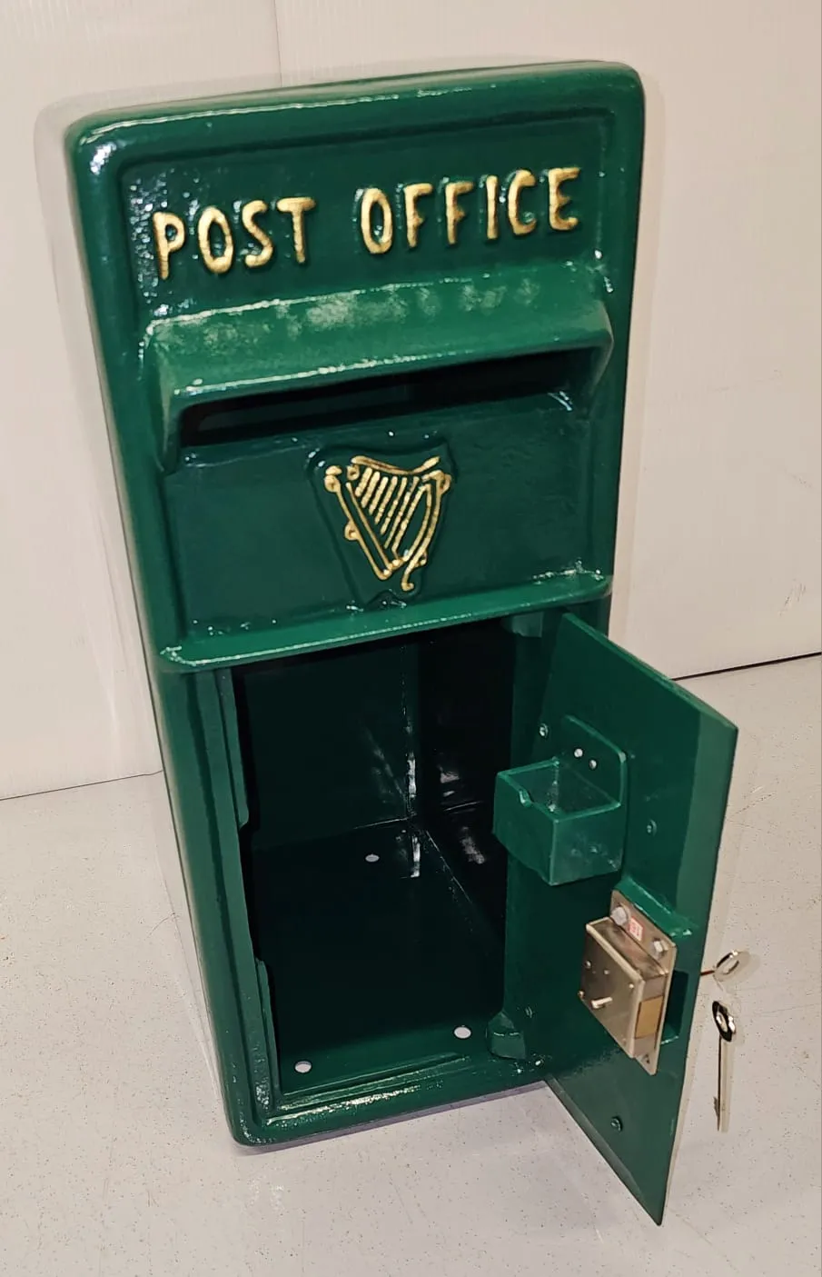 New Metal Irish Post Box in Green with Harp design