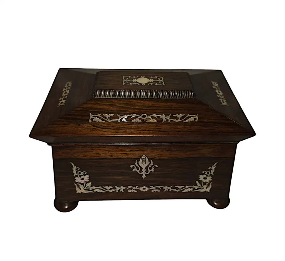  A Gorgeous Early 19th Century Regency Rosewood Small Teapoy or Jewellery Box Inlaid with Mother of Pearl